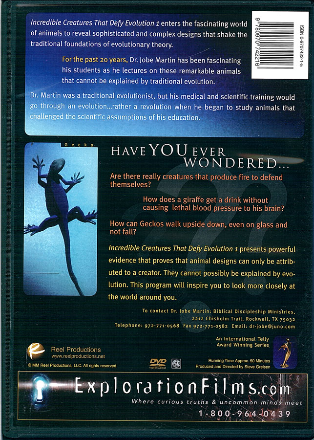 Picture of the back cover of the DVD entitled Incredible Creatures That Defy Evolution I.