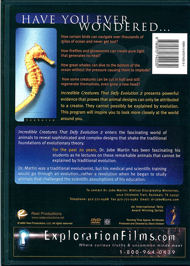 Picture of the back cover of the DVD entitled Incredible Creatures That Defy Evolution II.