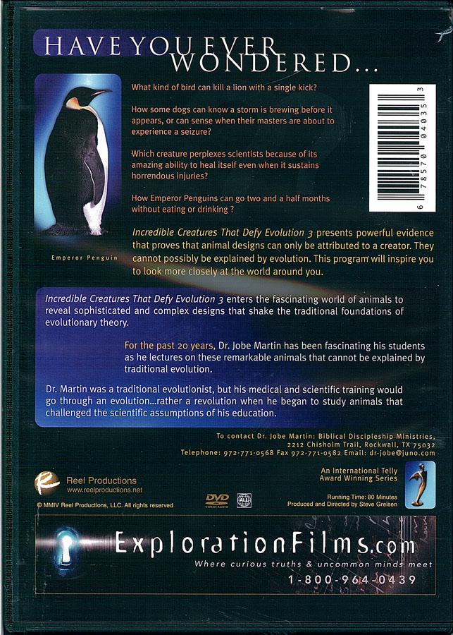 Picture of the back cover of the DVD entitled Incredible Creatures That Defy Evolution III.