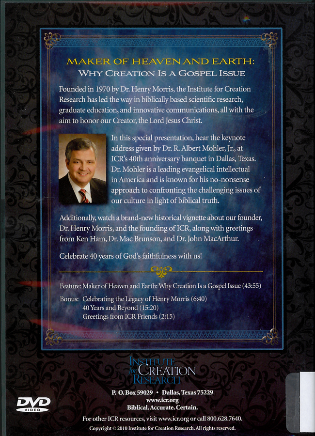 Picture of the back cover of the DVD entitled Maker of Heaven and Earth: Why Creation is a Gospel Issue.