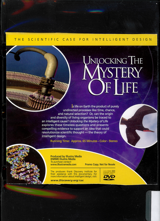Picture of the back cover of the DVD entitled Unlocking the Mystery of Life.