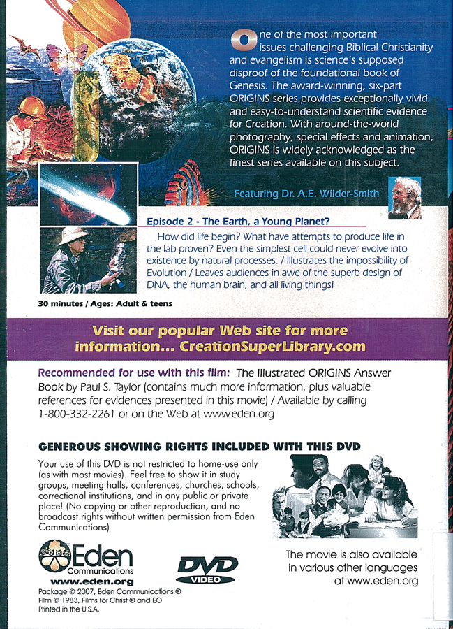 Picture of the back cover of the DVD entitled Origins: The Earth, a Young Planet?.