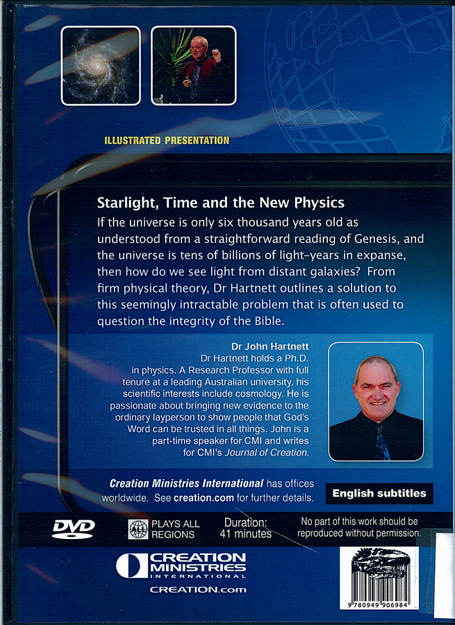 Picture of the back cover of the DVD entitled Starlight, Time and the New Physics.