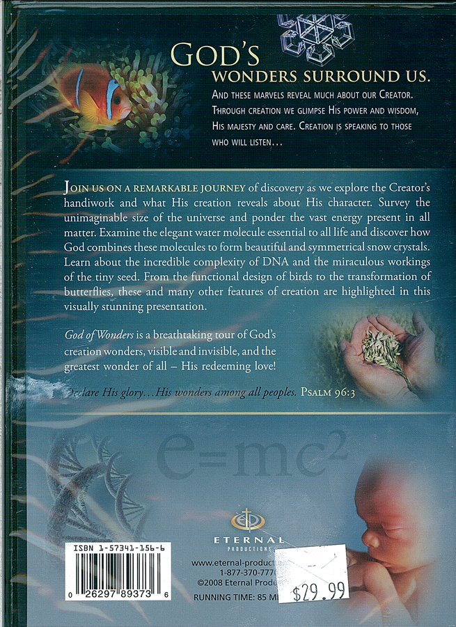 Picture of the back cover of the DVD entitled God of Wonders.
