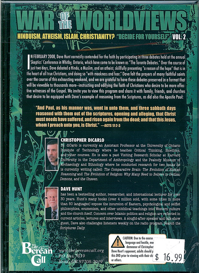 Picture of the back cover of the DVD entitled 2008 Toronto Debates: Decide for Yourself: Atheism vs Biblical Christianity.