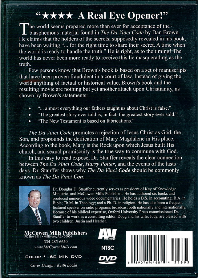 Picture of the back cover of the DVD entitled The Da Vinci Con: The Great Deception.