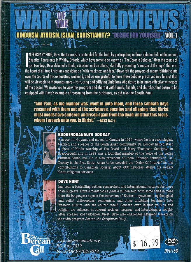 Picture of the back cover of the DVD entitled 2008 Toronto Debates: Decide for Yourself: Hinduism vs Biblical Christianity.