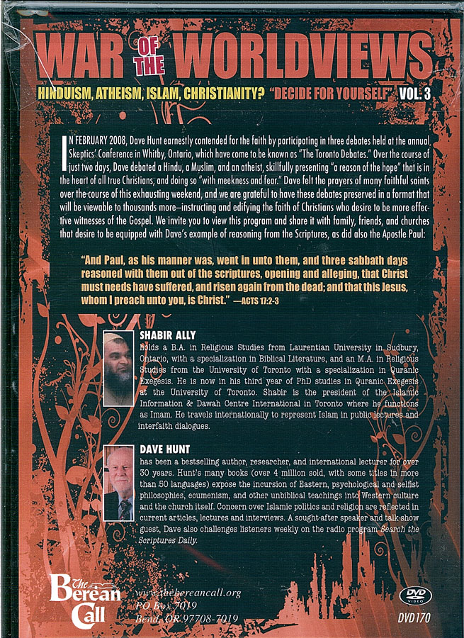 Picture of the back cover of the DVD entitled 2008 Toronto Debates: Decide for Yourself: Islam vs Biblical Christianity.