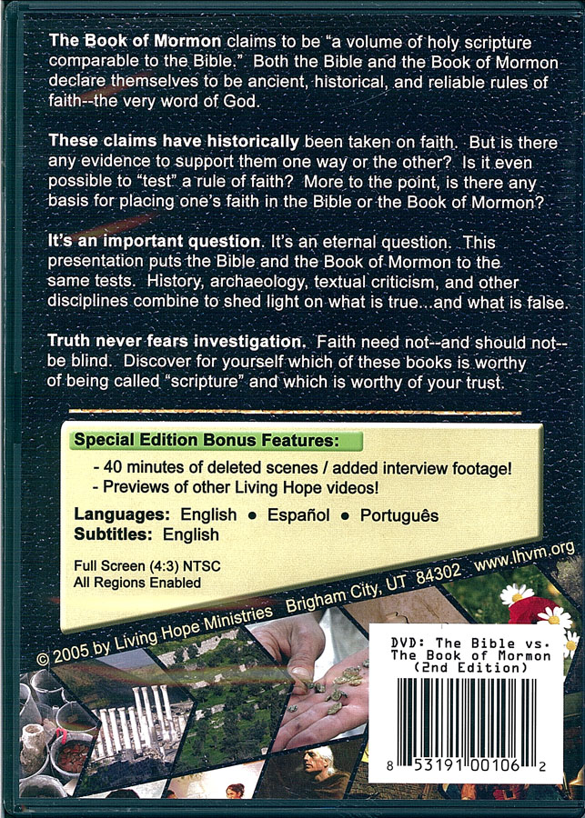 Picture of the back cover of the DVD entitled The Bible vs The Book of Mormon.