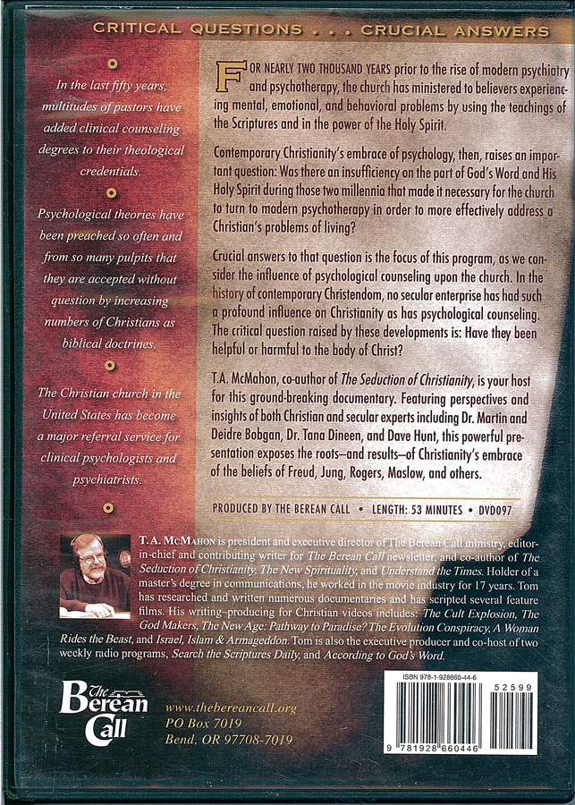 Picture of the back cover of the DVD entitled Psychology and The Church.