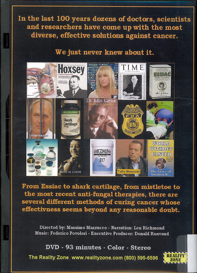 Picture of the back cover of the DVD entitled Cancer: The Forbidden Cures.