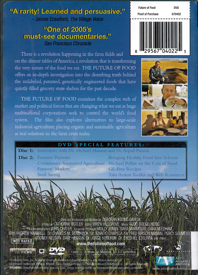 Picture of the back cover of the DVD entitled The Future of Food.