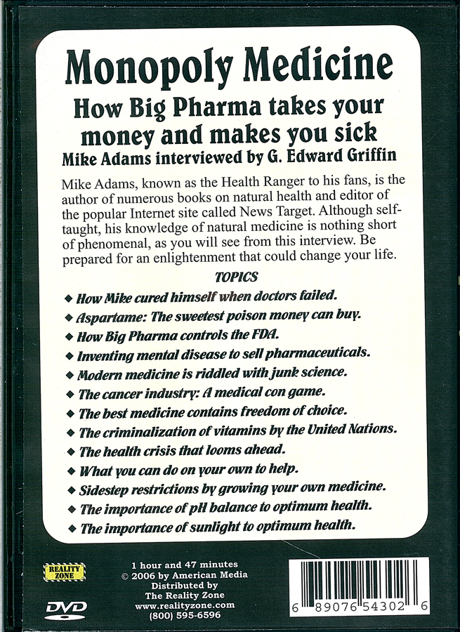 Picture of the back cover of the DVD entitled Monopoly Medicine.