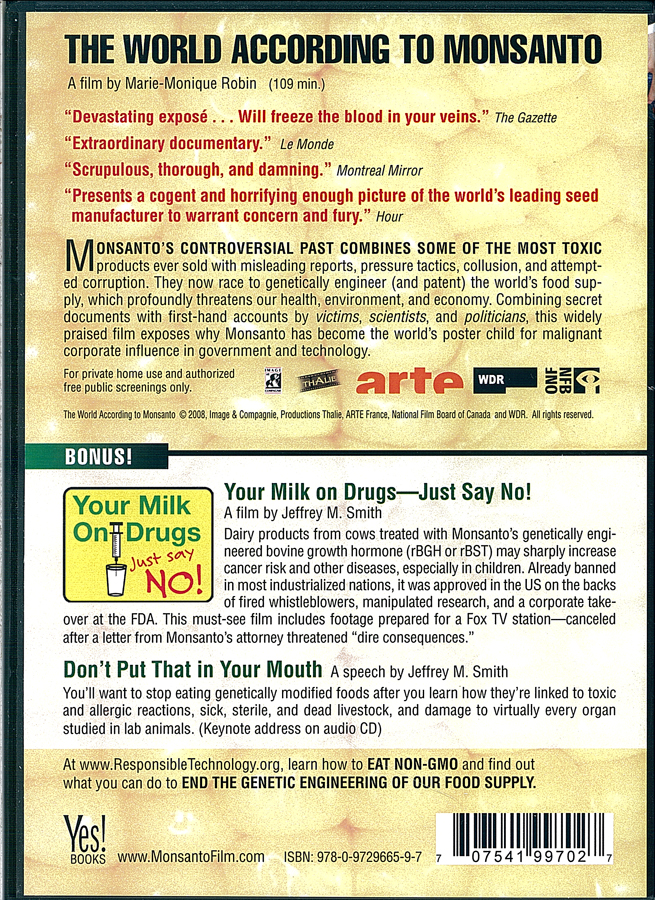 Picture of the back cover of the DVD entitled The World According to Monsanto.