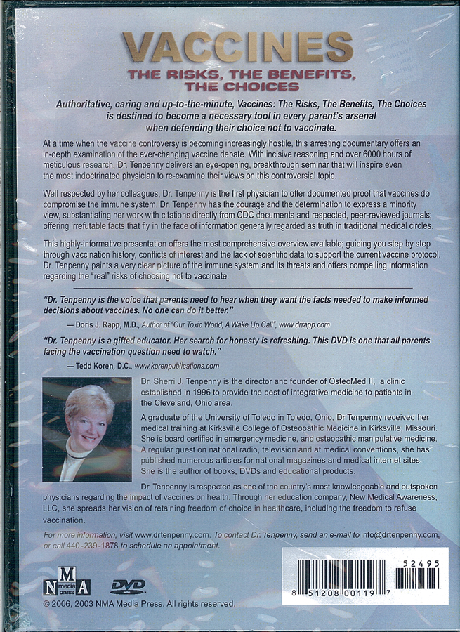 Picture of the back cover of the DVD entitled Vaccines: The Risks, The Benefits, The Choices.