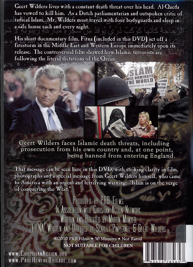 Picture of the back cover of the DVD entitled Islam Rising: Geert Wilders' Warning to the West.
