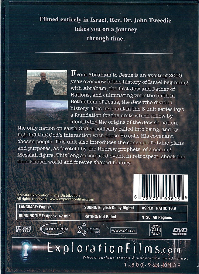 Picture of the back cover of the DVD entitled Israel - A Journey Through Time: From Abraham to Jesus.