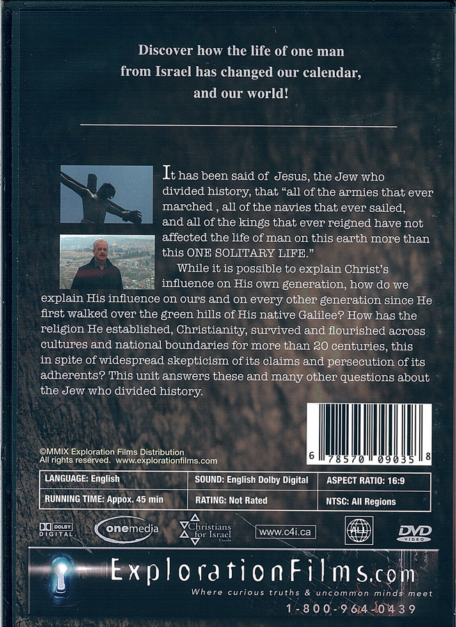 Picture of the back cover of the DVD entitled Israel - A Journey Through Time: Jesus: The Jew Who Divided History.
