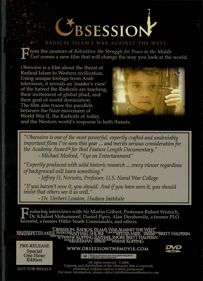 Picture of the back cover of the DVD entitled Obsession: Radical Islam's War Against the West.