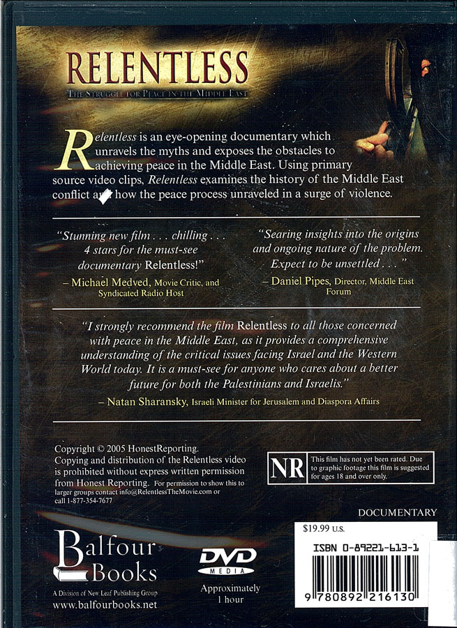 Picture of the back cover of the DVD entitled Relentless: The Struggle for Peace in the Middle East.