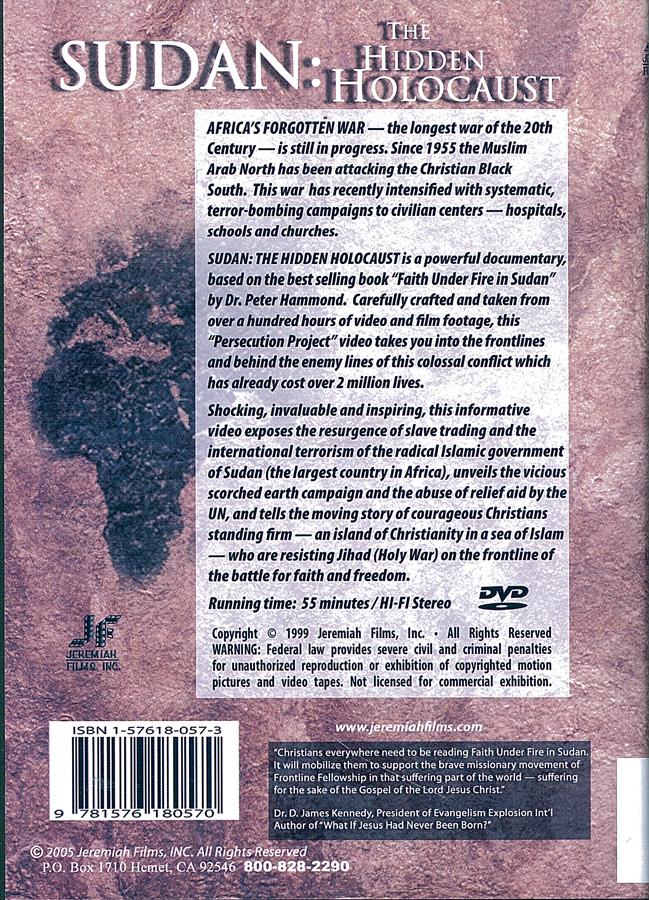 Picture of the back cover of the DVD entitled Sudan: The Hidden Holocaust.