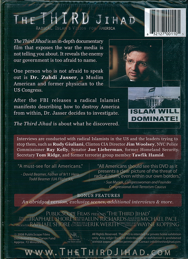 Picture of the back cover of the DVD entitled The Third Jihad: Radical Islam's Vision for America.