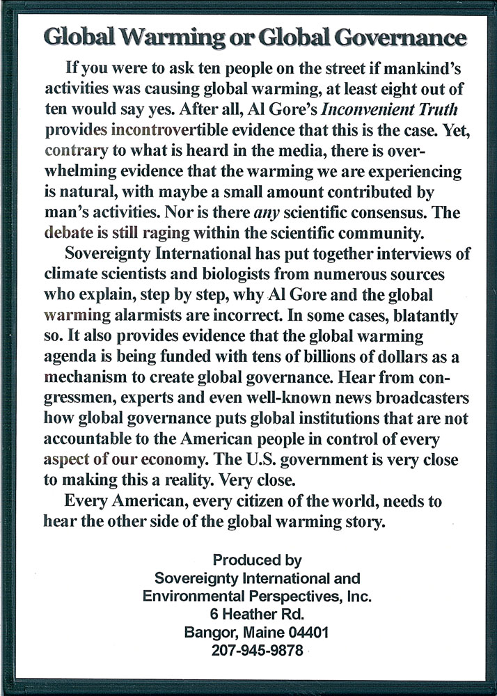 Picture of the back cover of the DVD entitled Global Warming Or Global Governance.