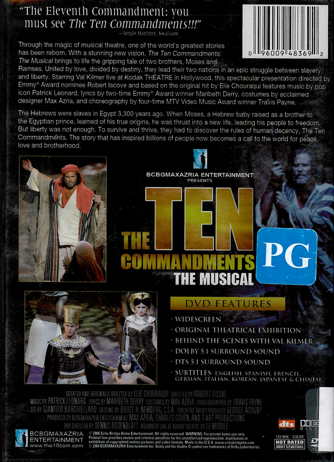 Picture of the back cover of the DVD entitled The Ten Commandments: The Musical.