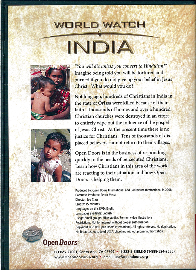 Picture of the back cover of the DVD entitled World Watch India.