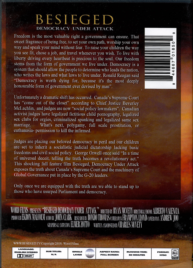 Picture of the back cover of the DVD entitled Besieged: Democracy Under Attack.