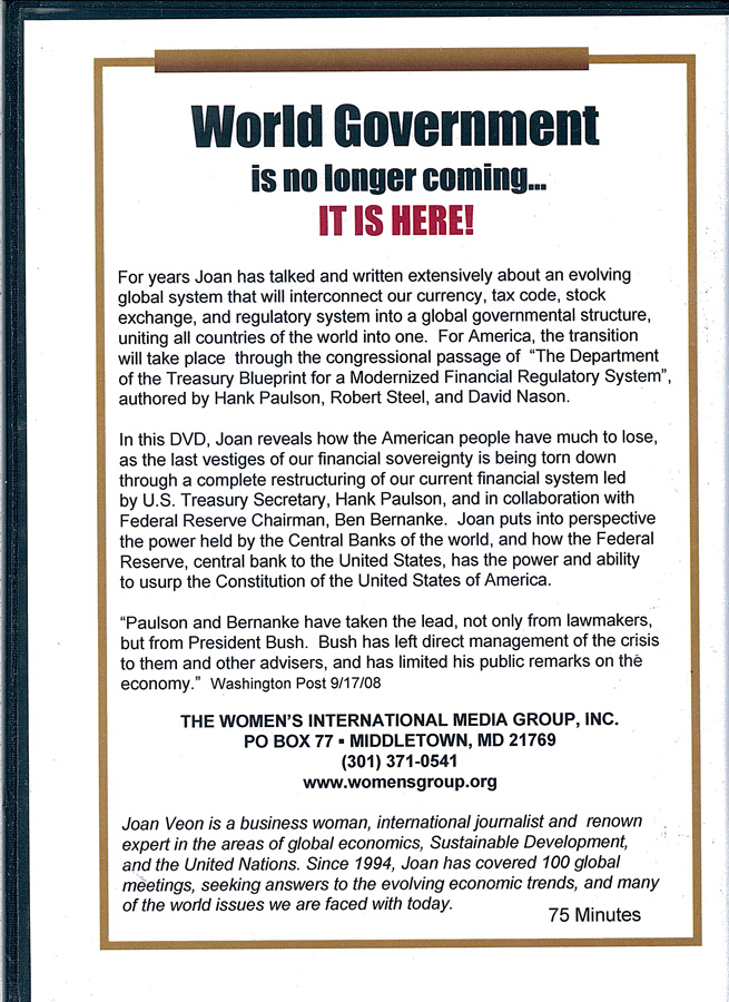 Picture of the back cover of the DVD entitled 2008 Credit Crisis: The Final Transfer of America's Financial Sovereignty presented.