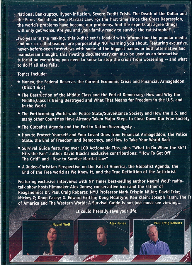 Picture of the back cover of the DVD entitled The Fall of America and the Western World.
