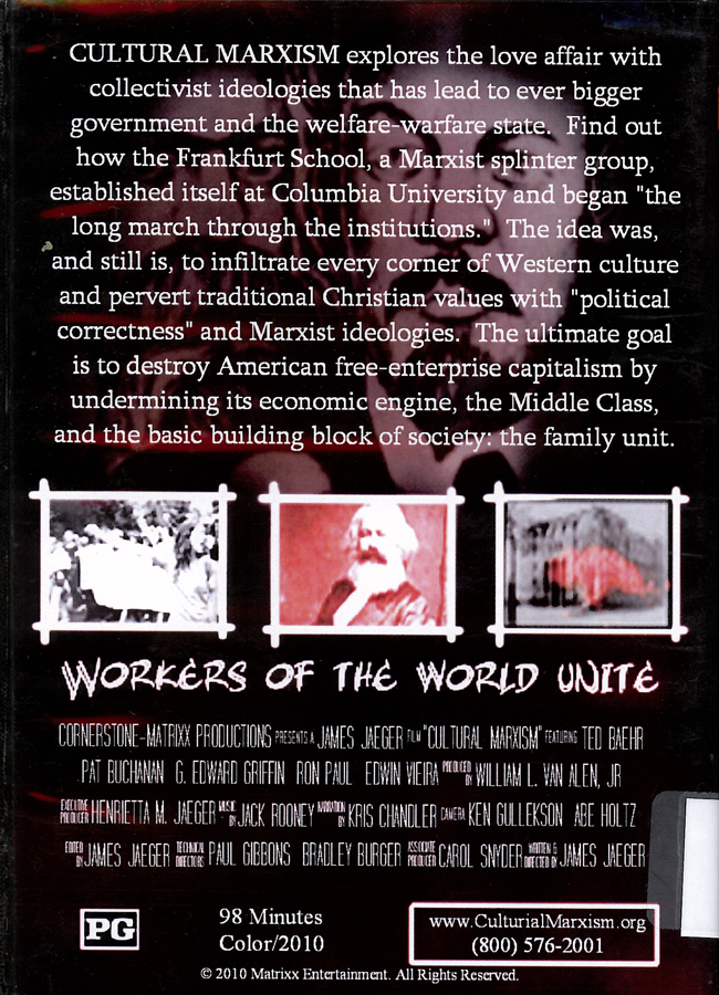 Picture of the back cover of the DVD entitled Cultural Marxism: The Corruption of America.