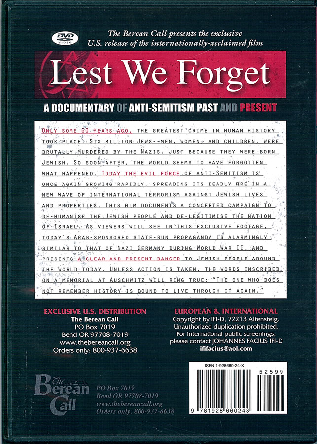 Picture of the back cover of the DVD entitled Lest We Forget: A Documentary of Anti-Semitism Past and Present.