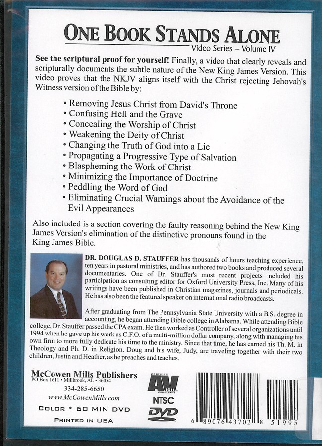 Picture of the back cover of the DVD entitled One Book Stands Alone Volume 4: The New King James PerVersion.