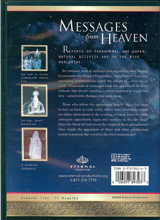 Picture of the back cover of the DVD entitled Messages from Heaven.