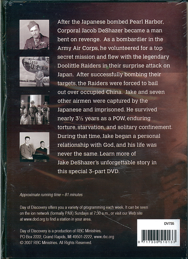 Picture of the back cover of the DVD entitled From Vengeance to Forgiveness: Jake DeShazer's Extraordinary Journey.