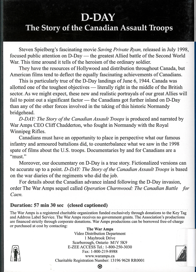 Picture of the back cover of the DVD entitled D-Day: The Story of the Canadian Asault Troops.