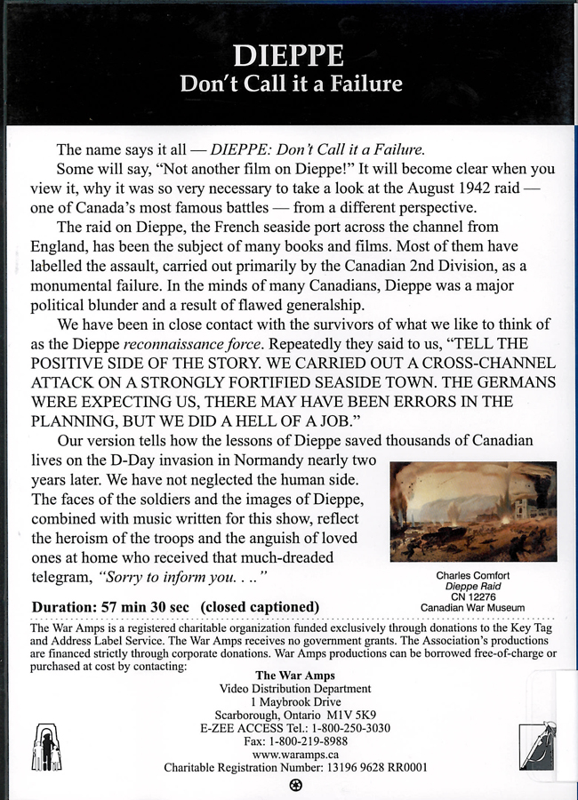 Picture of the back cover of the DVD entitled Dieppe: Don't Call it a Failure.