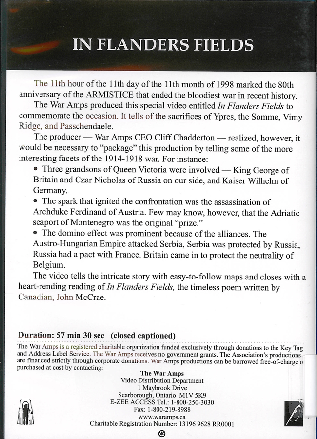 Picture of the back cover of the DVD entitled In Flanders Fields.