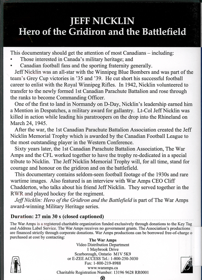 Picture of the back cover of the DVD entitled Jeff Nicklin: Hero of the Gridiron and the Battlefield.