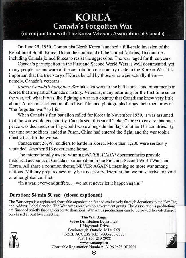 Picture of the back cover of the DVD entitled Korea: Canada's Forgotten War.