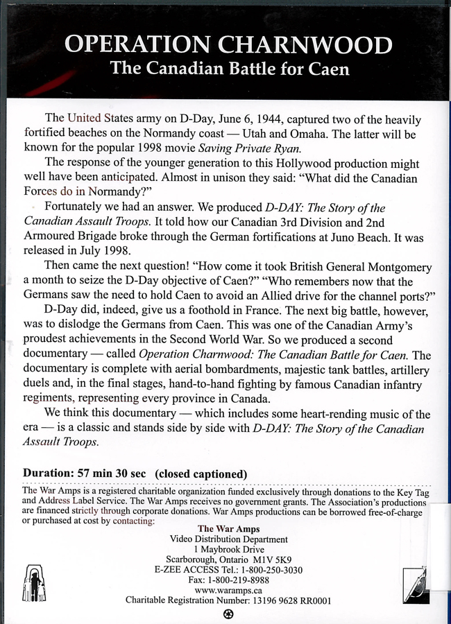 Picture of the back cover of the DVD entitled Operation Charnwood: The Canadian Battle for Caen.