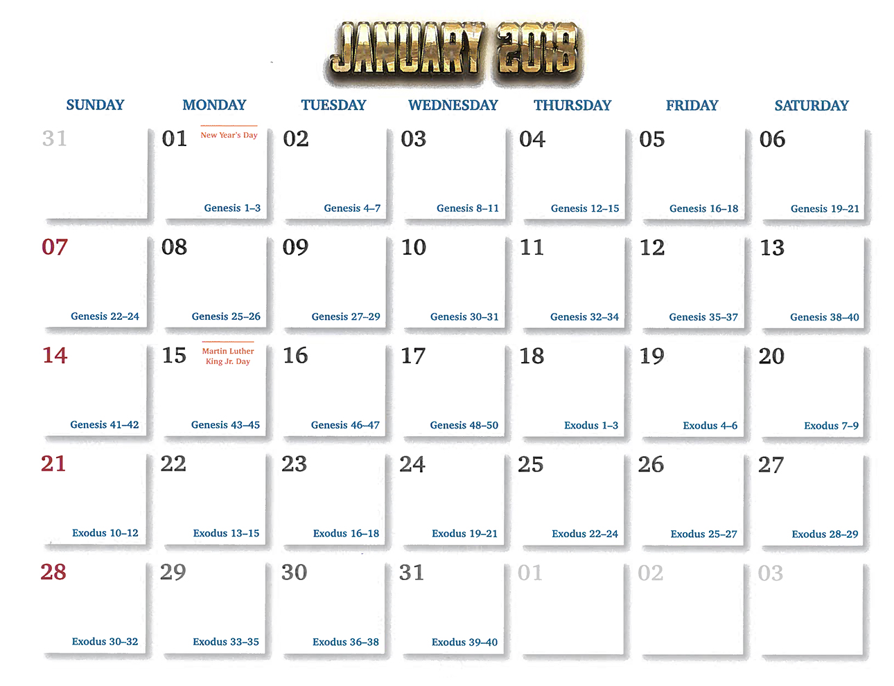 2018 Prophecy Calendar: January - Calendar