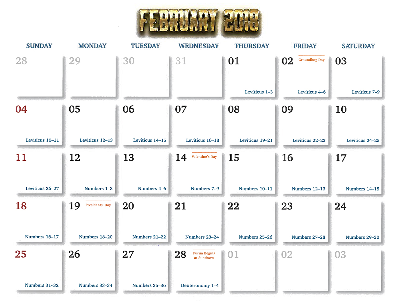 2018 Prophecy Calendar: February - Calendar