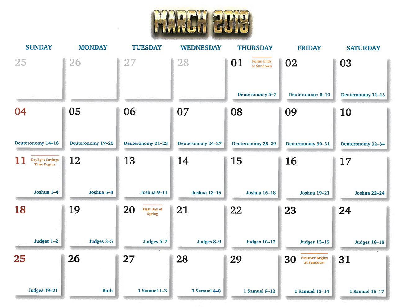 2018 Prophecy Calendar: March - Calendar