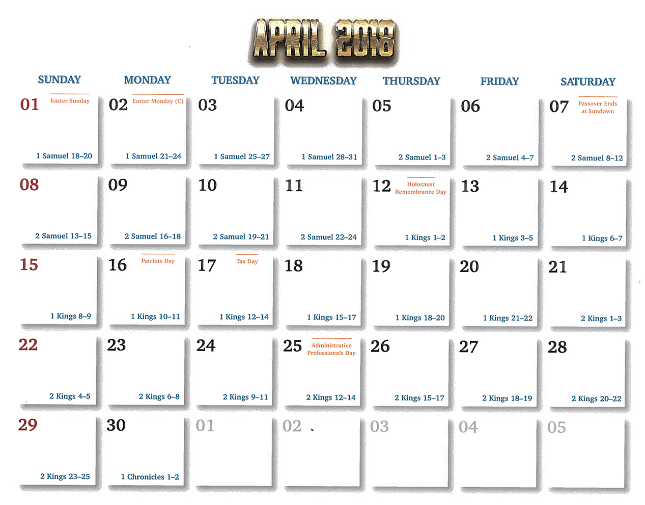 2018 Prophecy Calendar: April - Calendar