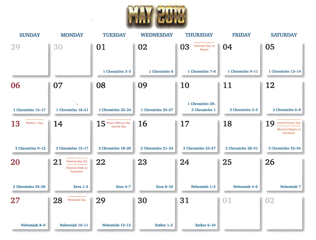 2018 Prophecy Calendar: May - Calendar