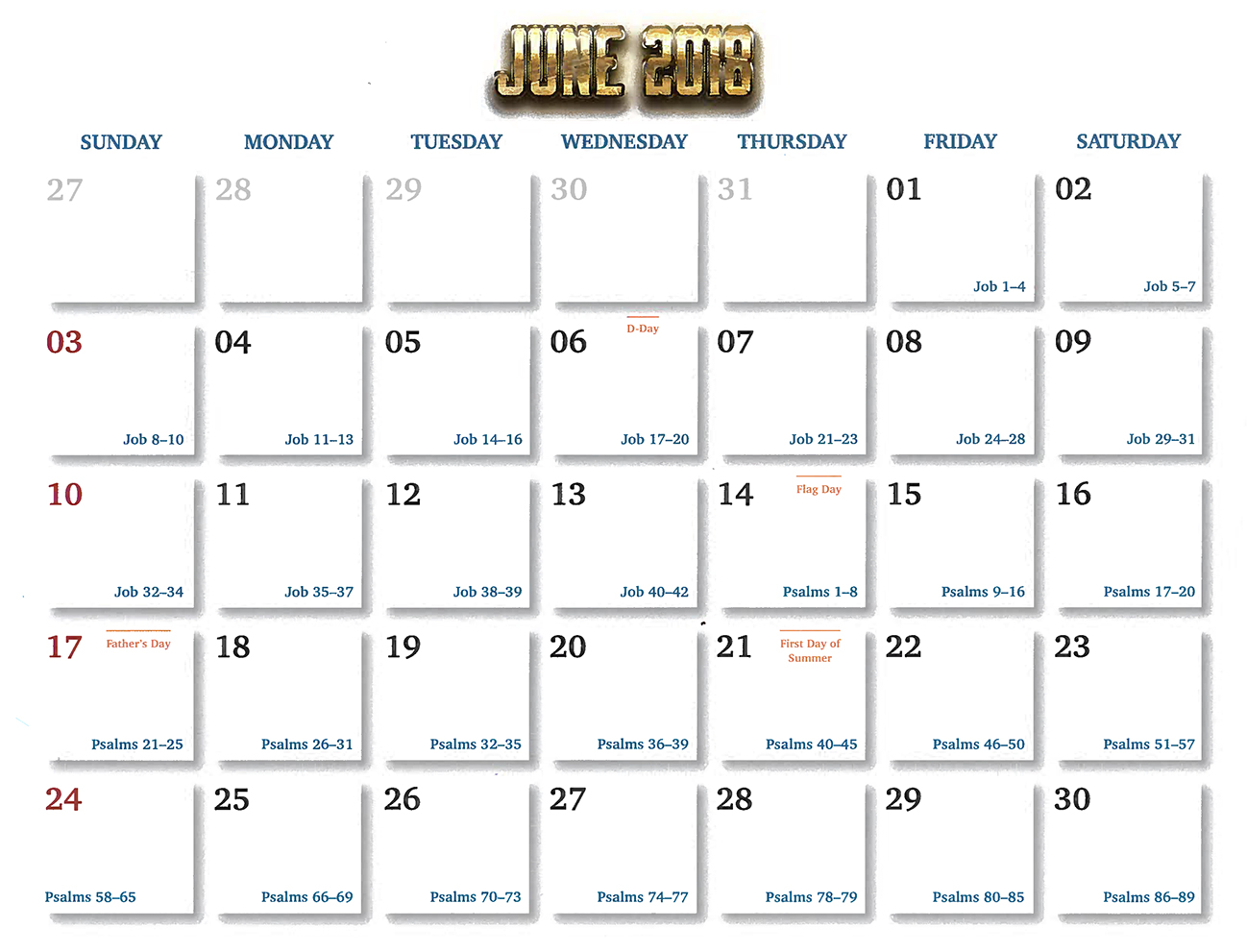 2018 Prophecy Calendar: June - Calendar