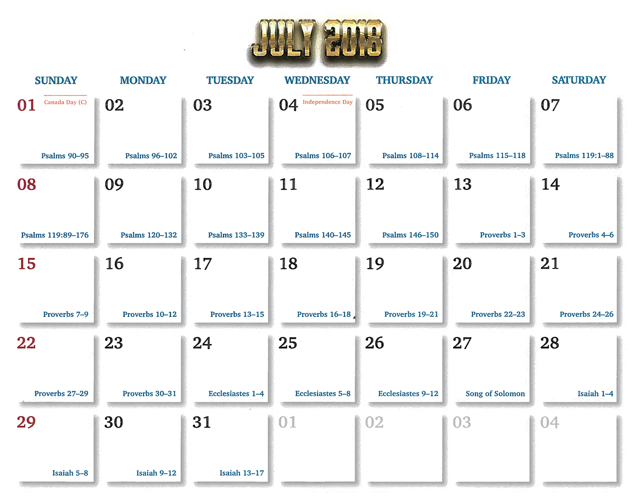 2018 Prophecy Calendar: July - Calendar